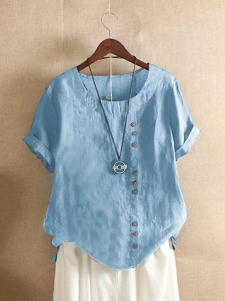 Chic Short Sleeve Cotton Blouse with Button Accents
