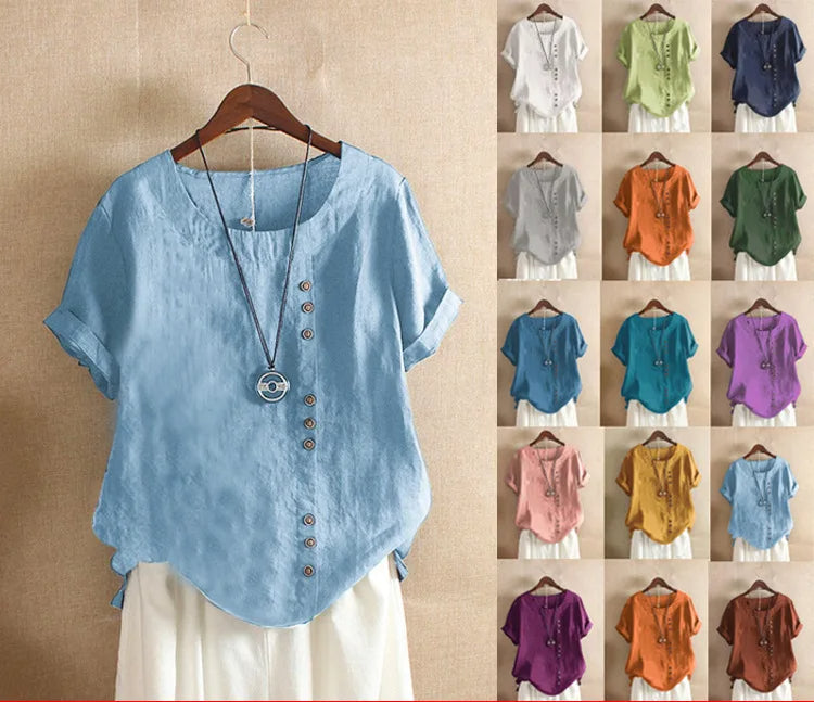 Chic Short Sleeve Cotton Blouse with Button Accents