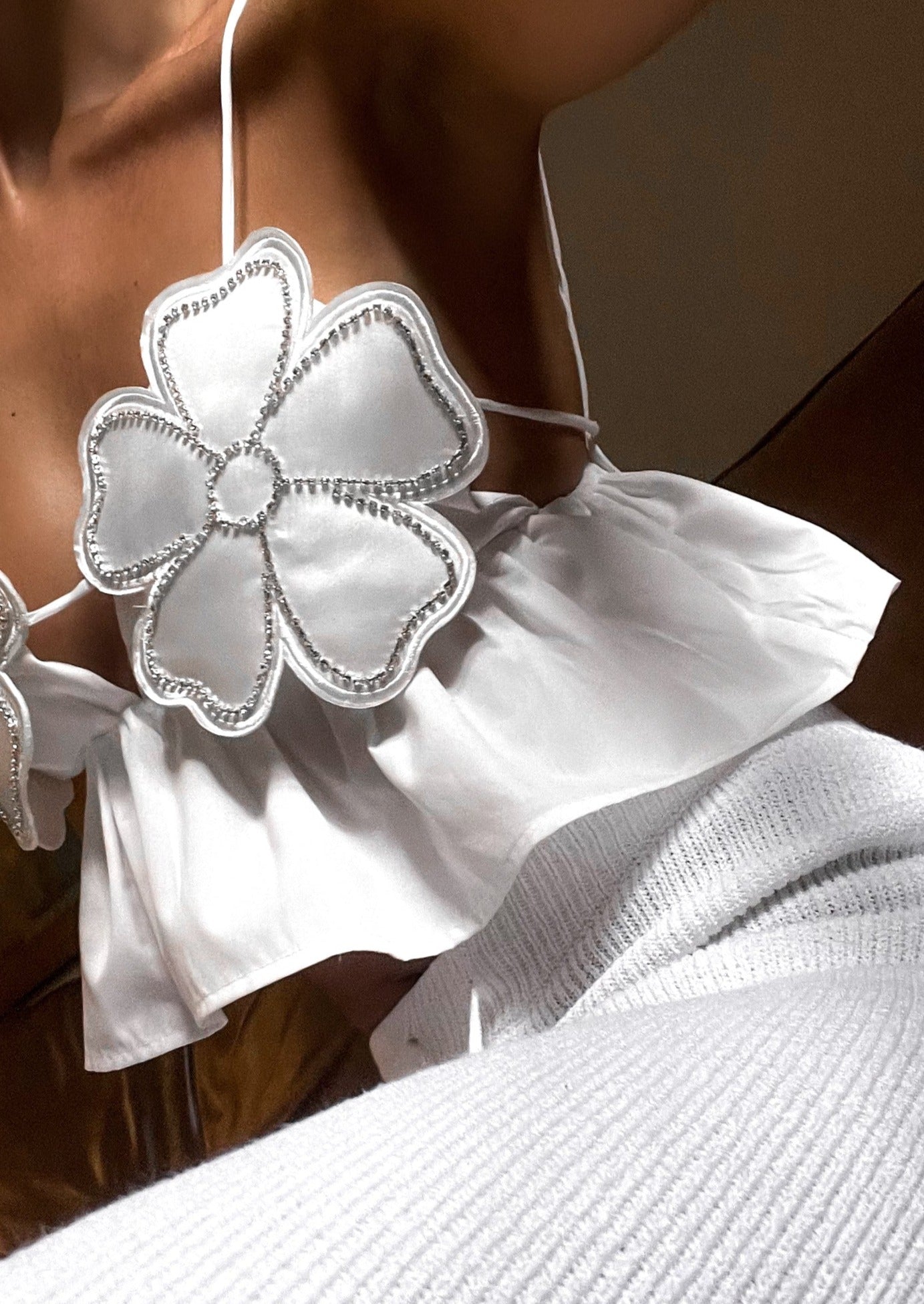 Junia | White Floral Crop Top with Rhinestone Accents