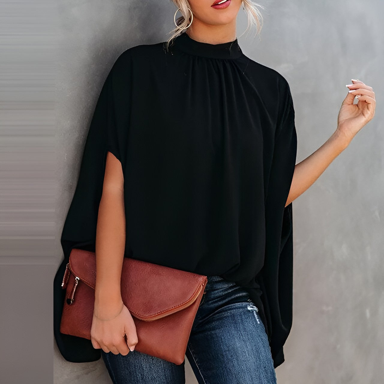 High Neck Blouse with Batwing Sleeves - Available in Printed or Solid Styles