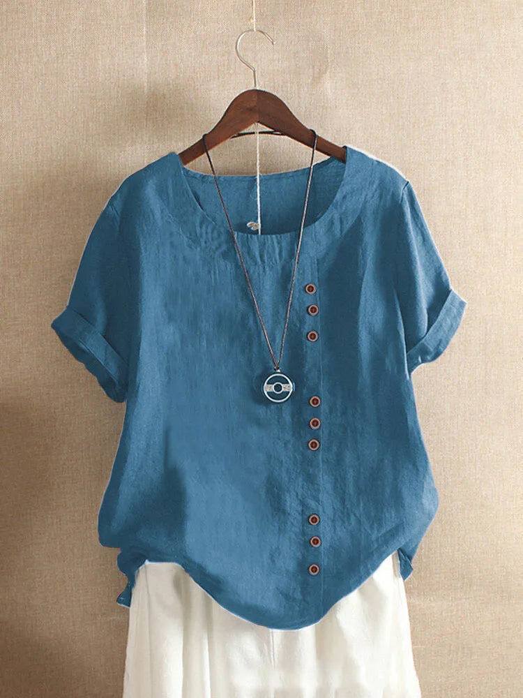 Chic Short Sleeve Cotton Blouse with Button Accents