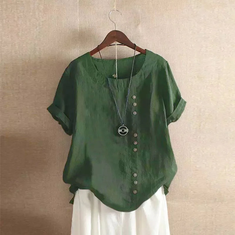 Chic Short Sleeve Cotton Blouse with Button Accents