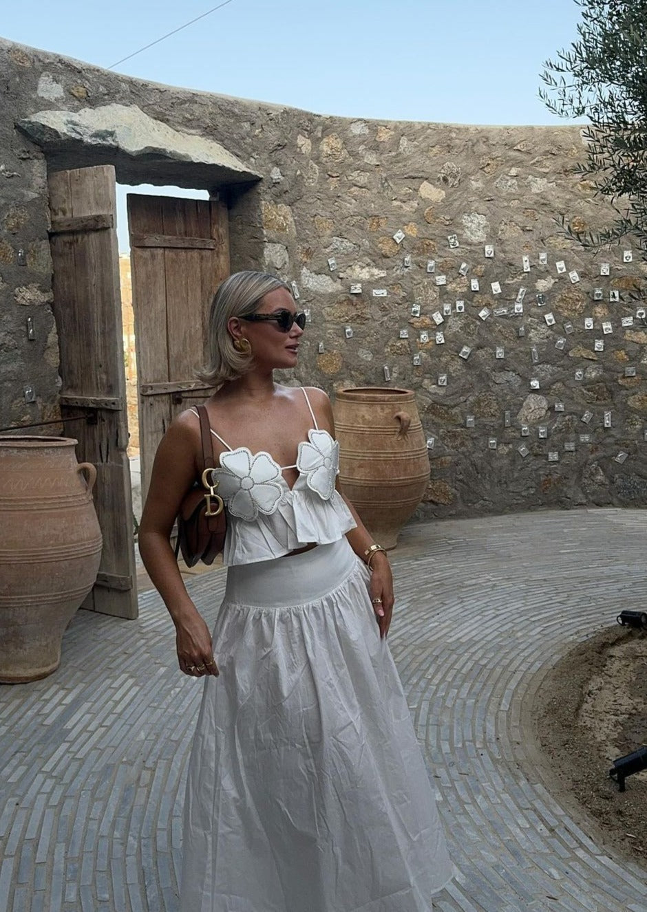 Junia | White Floral Crop Top with Rhinestone Accents