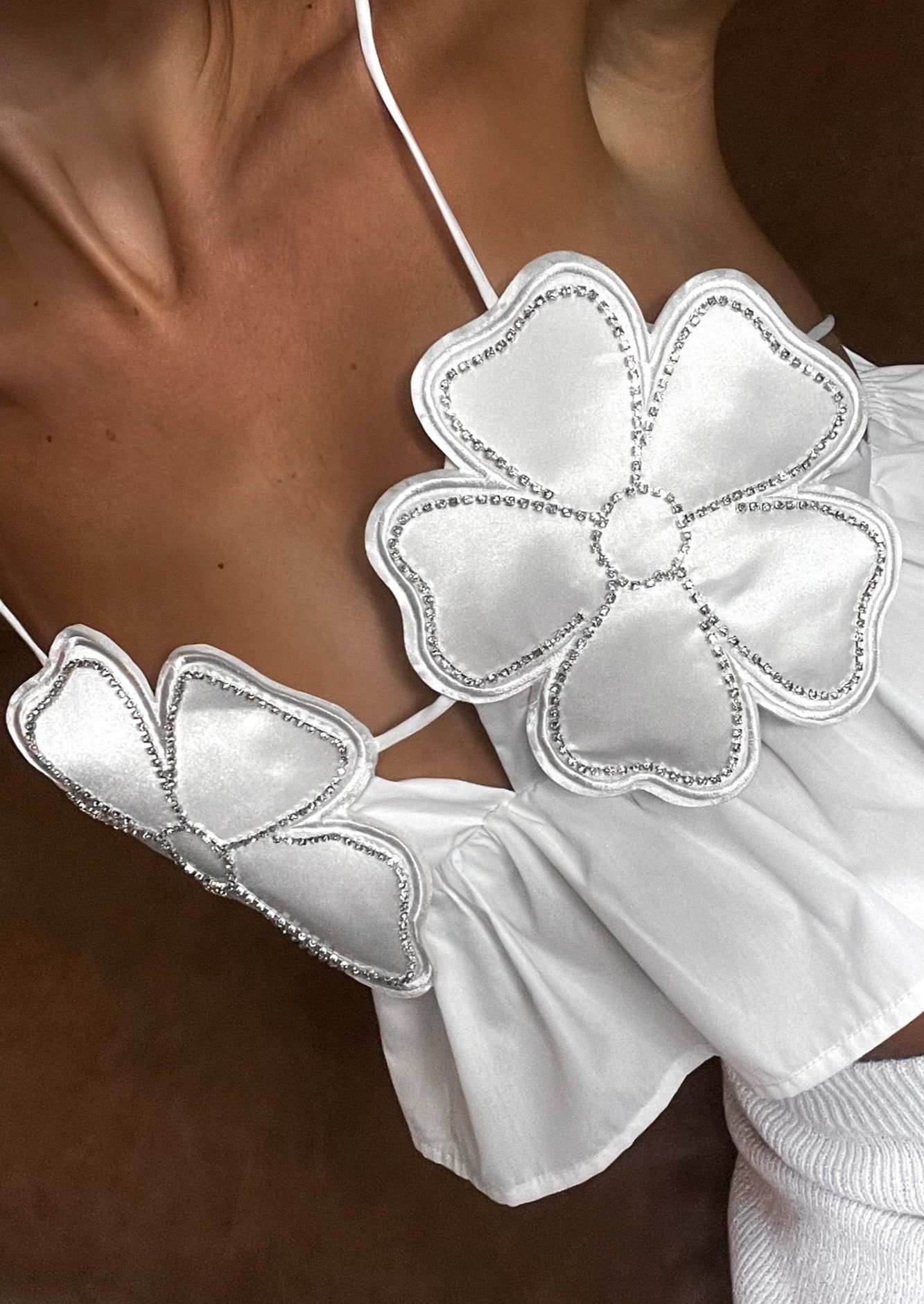 Junia | White Floral Crop Top with Rhinestone Accents
