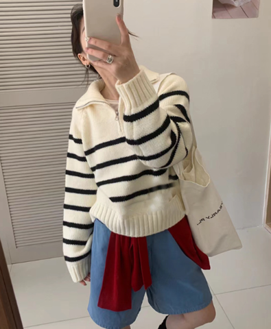 Doro | Women's Cozy Striped Pullover with Zipper