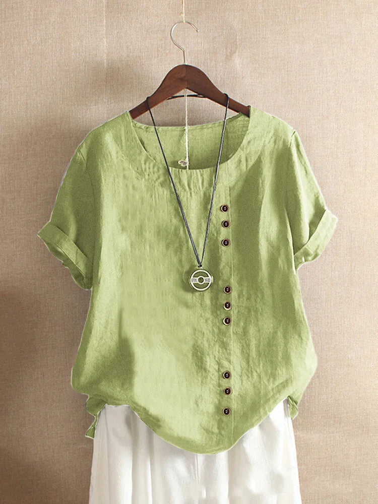Chic Short Sleeve Cotton Blouse with Button Accents