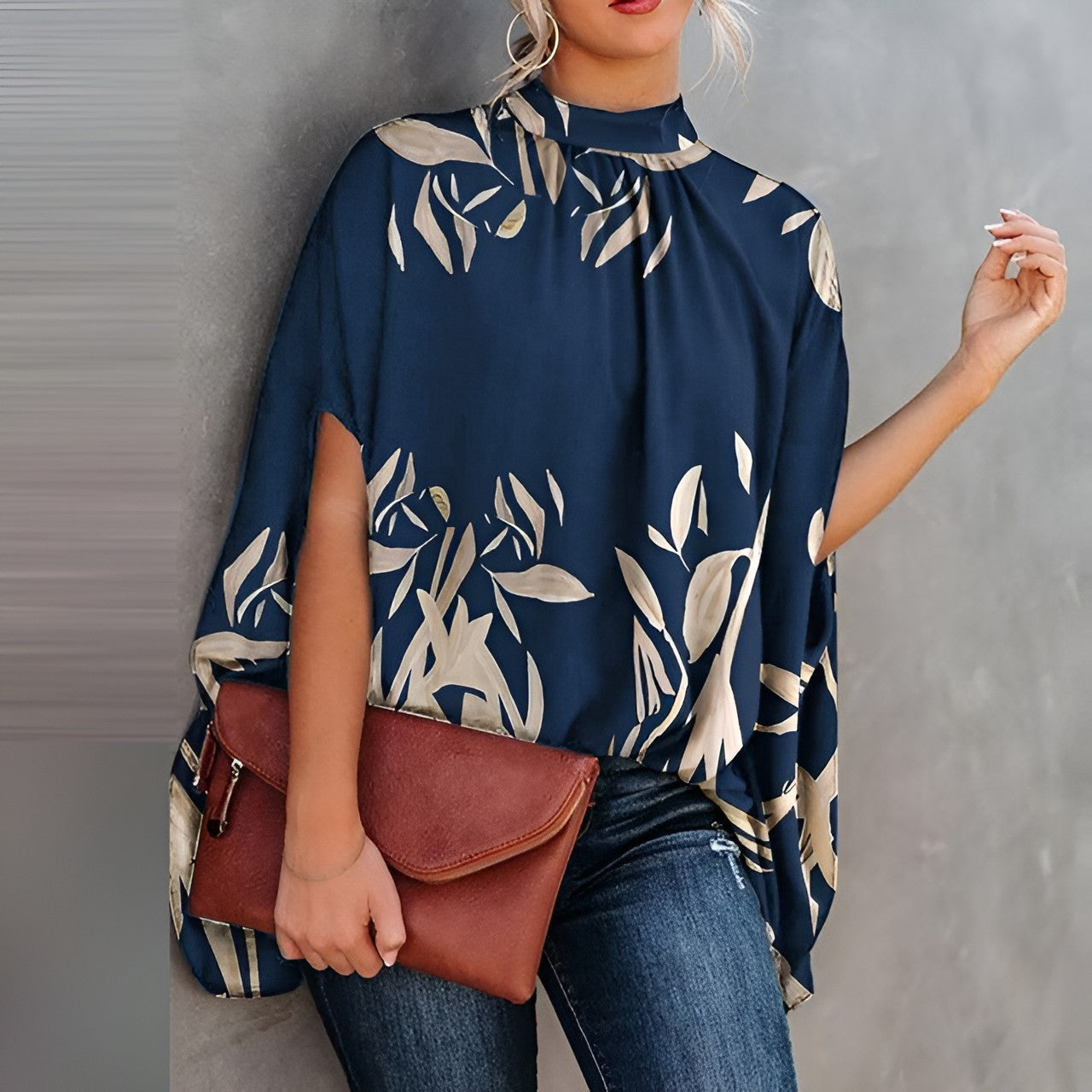 High Neck Blouse with Batwing Sleeves - Available in Printed or Solid Styles