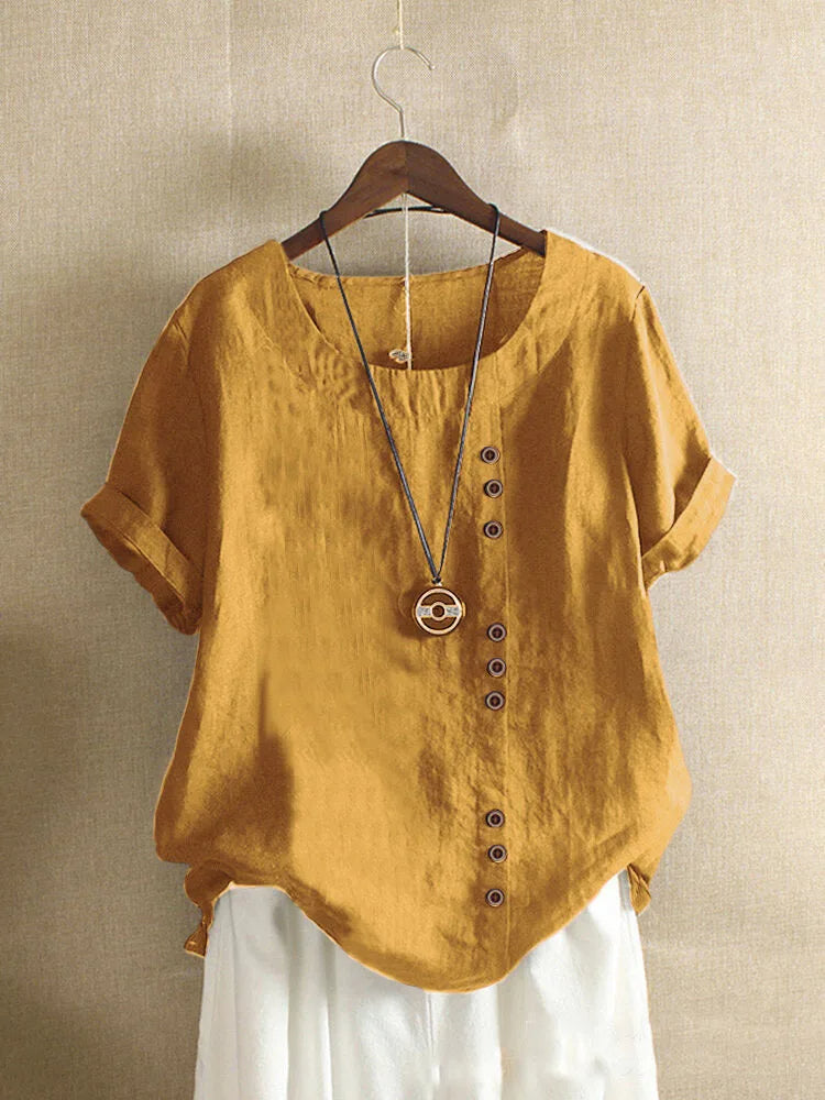 Chic Short Sleeve Cotton Blouse with Button Accents