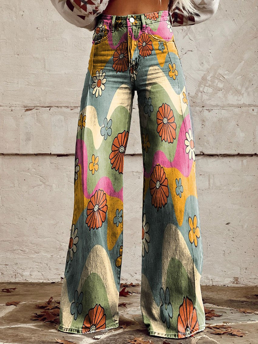 Retro Wide-Leg Pants with Stylish Print