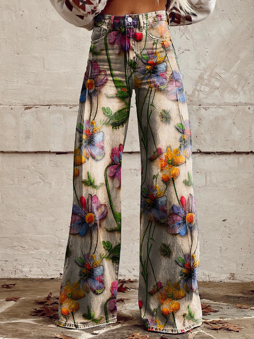 Retro Wide-Leg Pants with Stylish Print