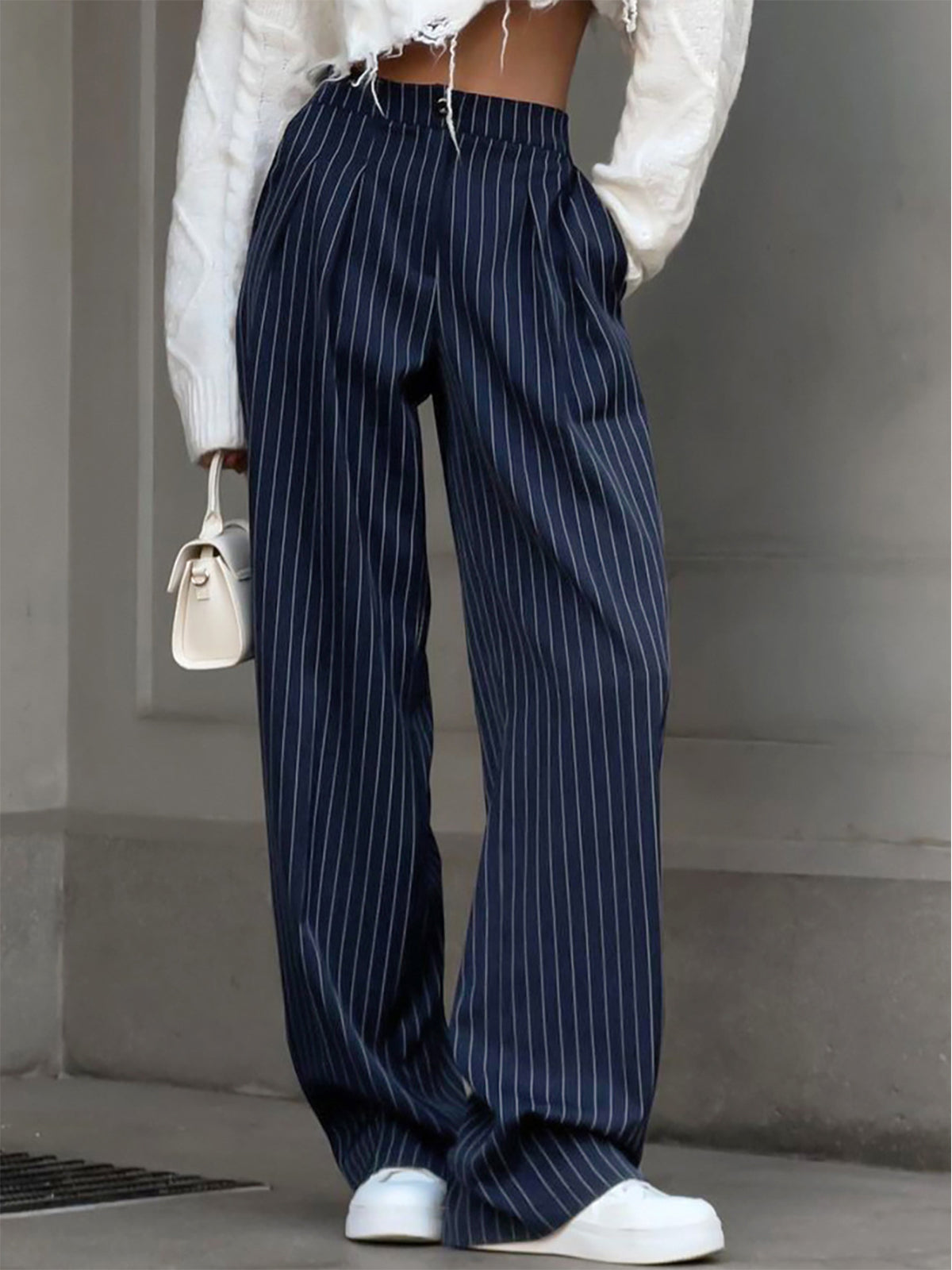 Hedy | Women's High-Waisted Striped Pleated Wide-Leg Trousers – Elegant Style