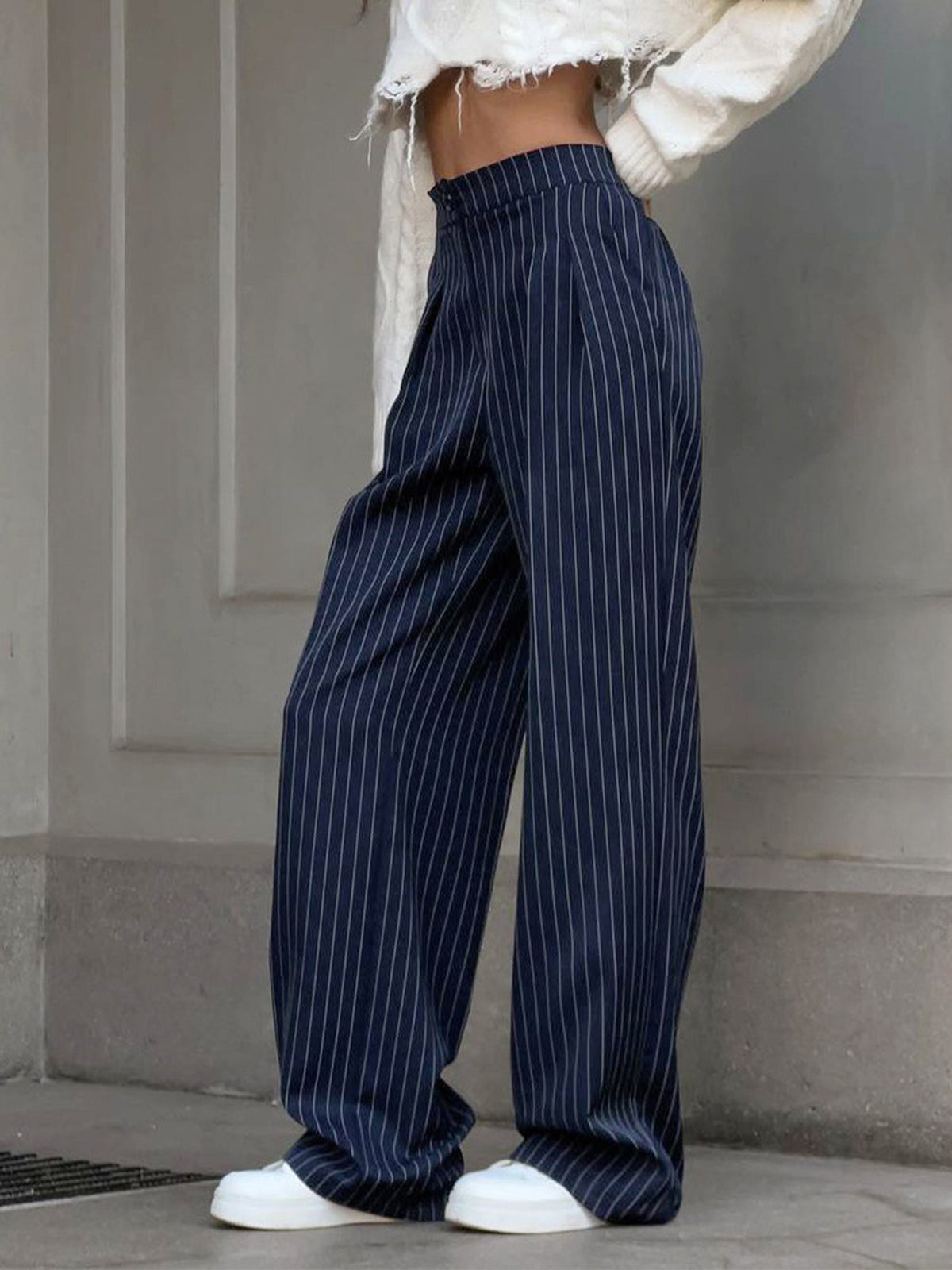 Hedy | Women's High-Waisted Striped Pleated Wide-Leg Trousers – Elegant Style