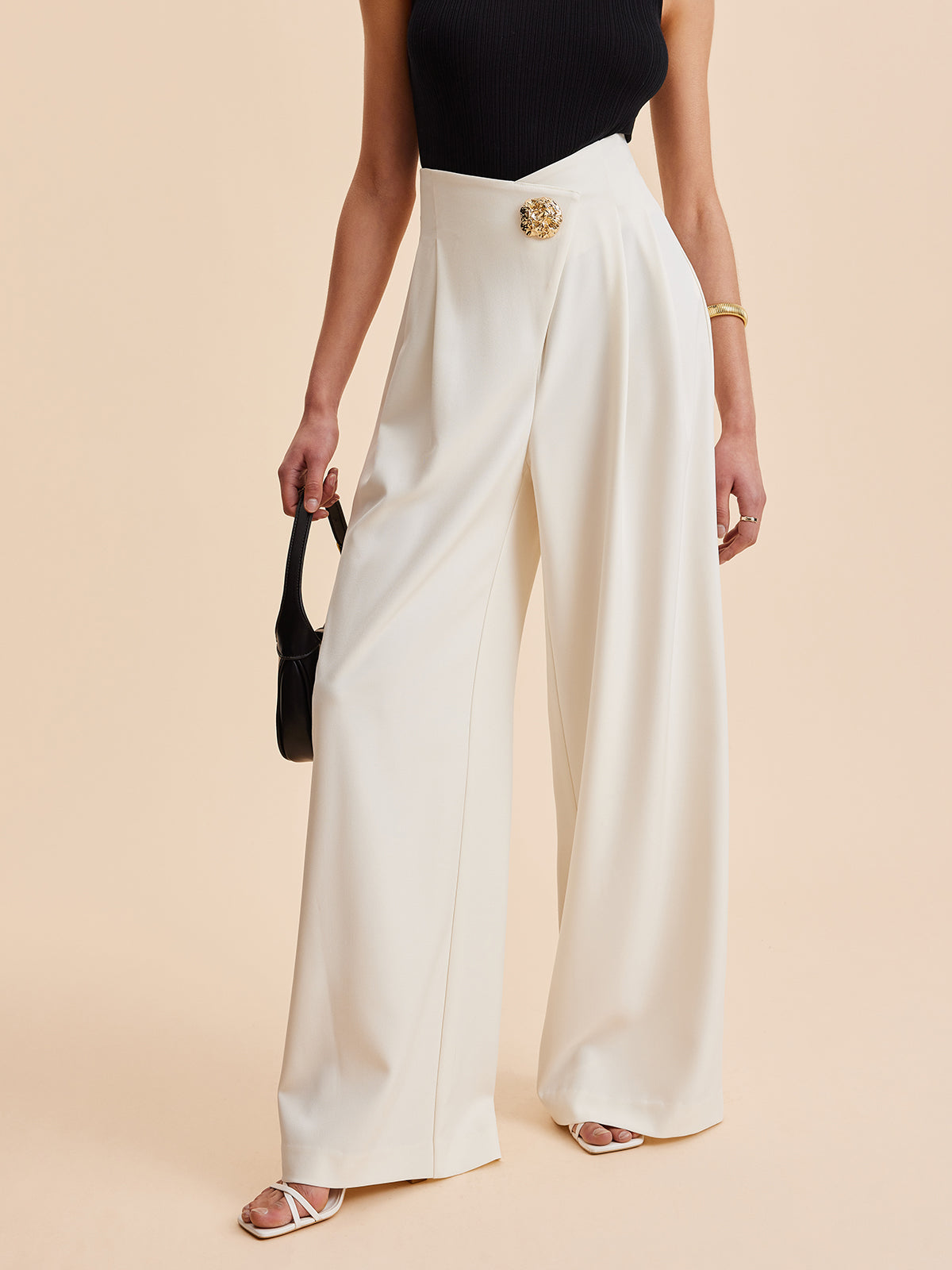 Gia | Chic High-Waisted Wide-Leg Trousers with Gold Button Detail