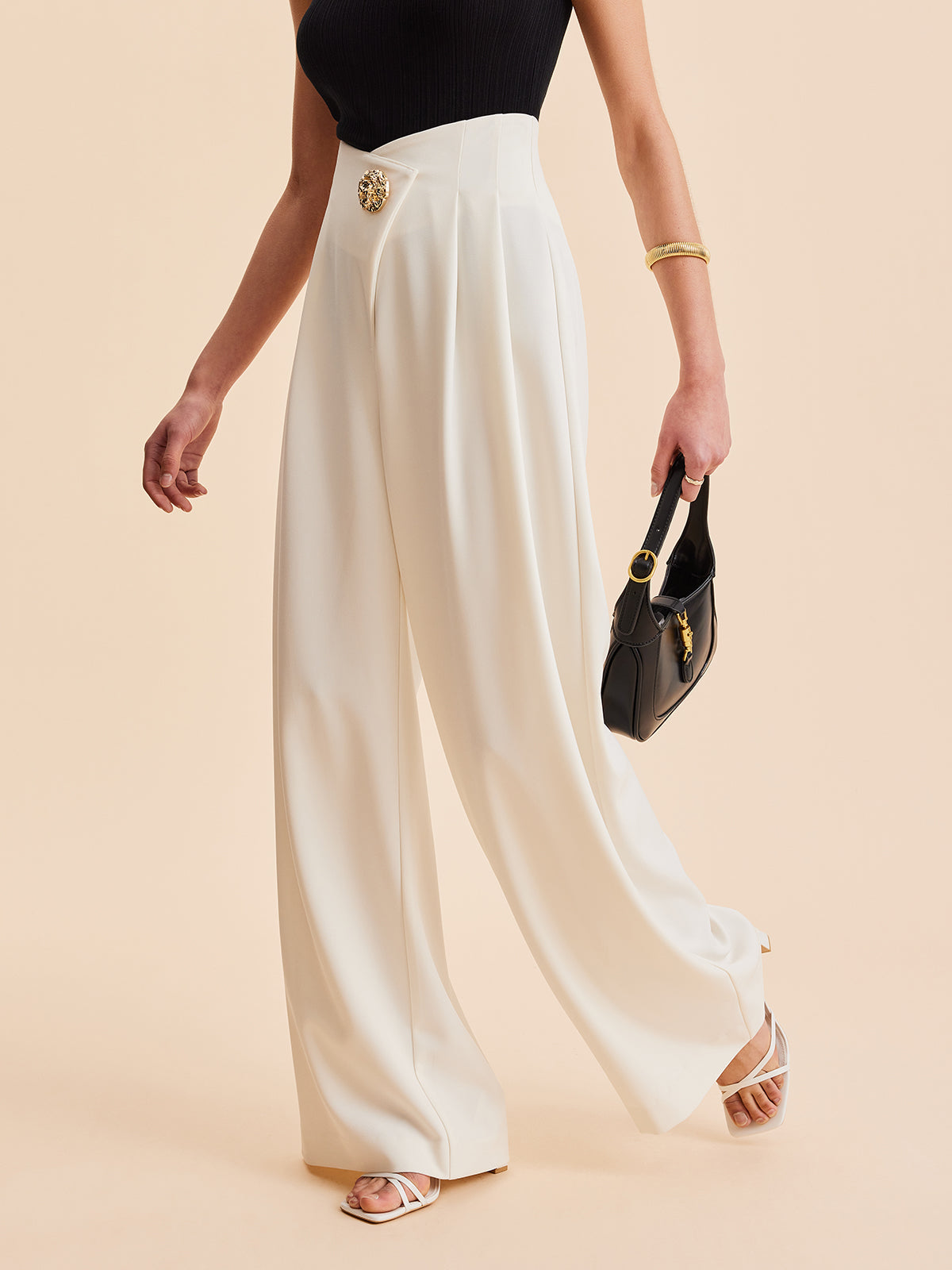 Gia | Chic High-Waisted Wide-Leg Trousers with Gold Button Detail