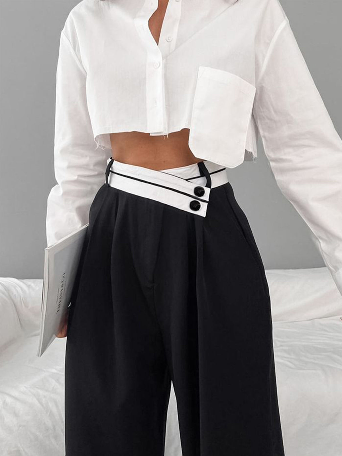 Inge | Asymmetrical Wide-Leg Trousers with Contrasting Waistband
