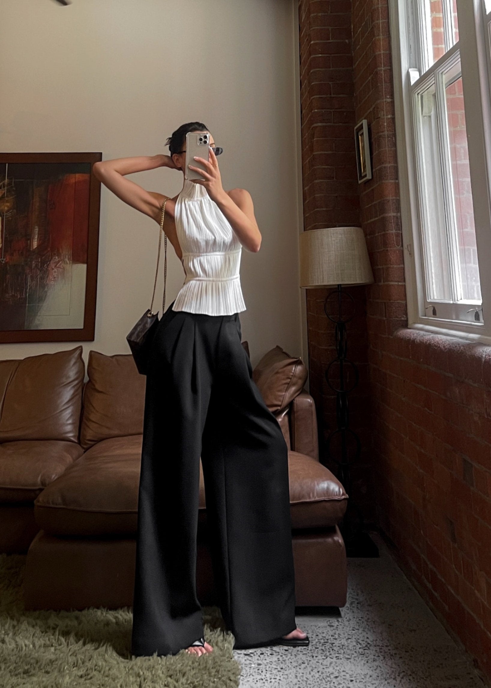 Nolana | White Ruffled Racerback Plissé Top – Backless Design