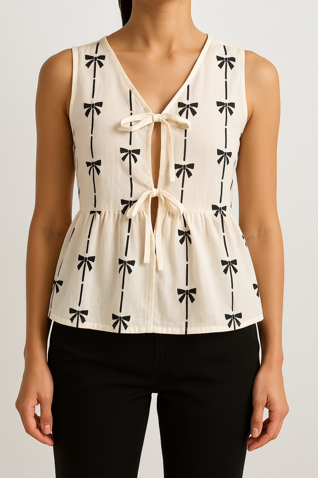 Mendi | Chic Sleeveless V-Neck Top with Bow Accent – Light and Stylish
