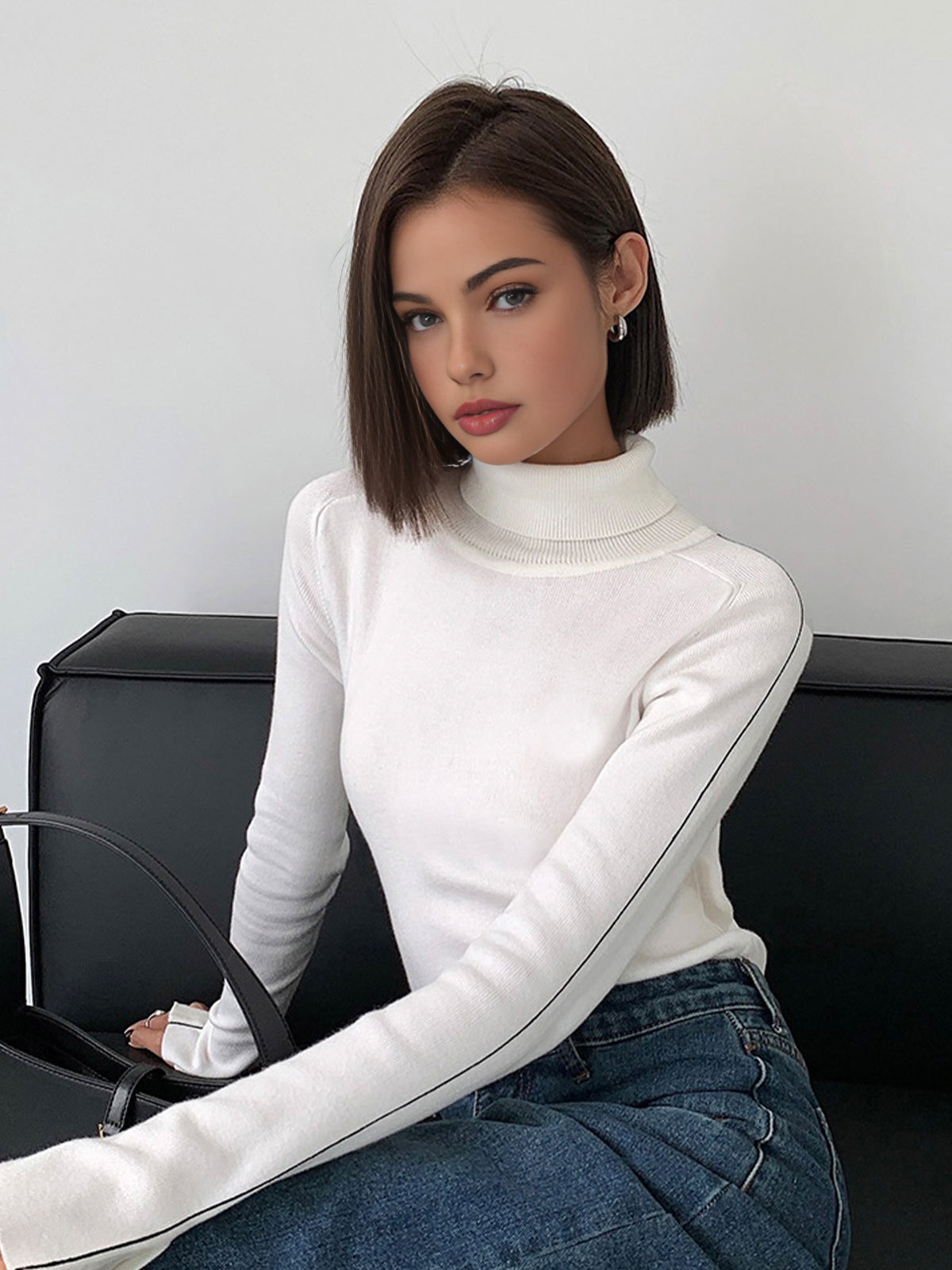 Xess | Women's High Stretch Turtleneck with Contrast Piping