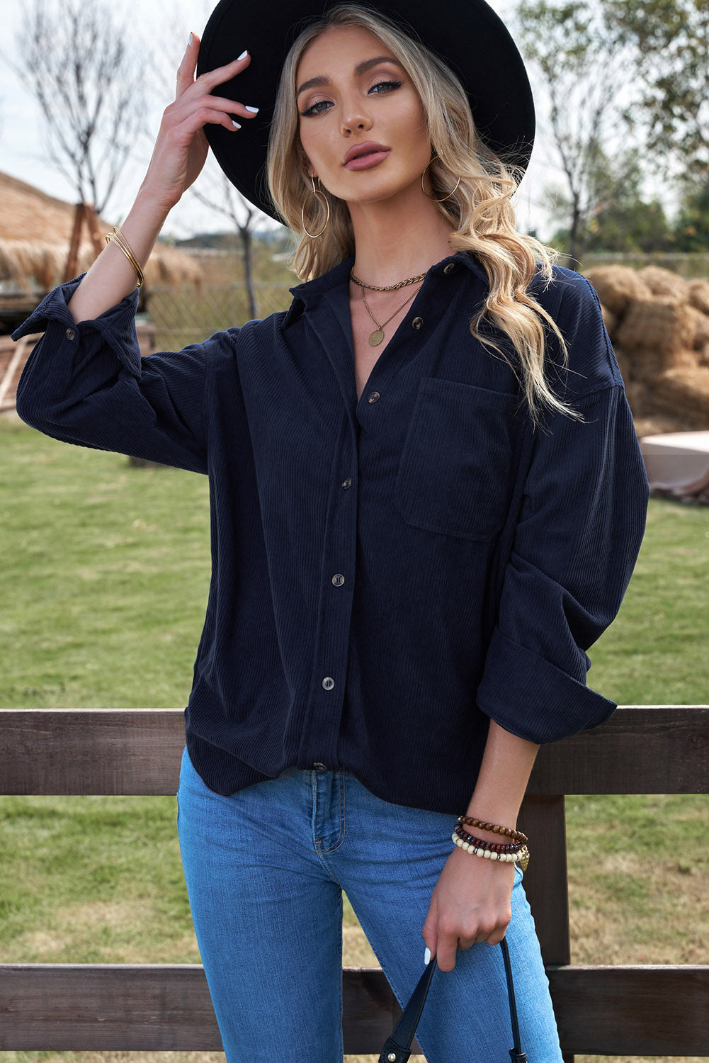 Cecina | Stylish Dark Blue Ribbed Corduroy Shirt