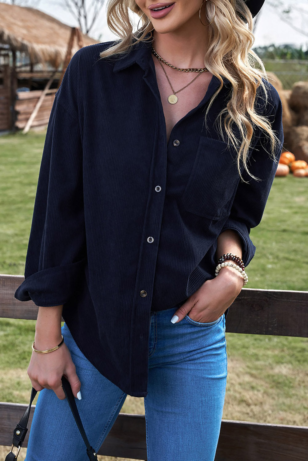 Cecina | Stylish Dark Blue Ribbed Corduroy Shirt