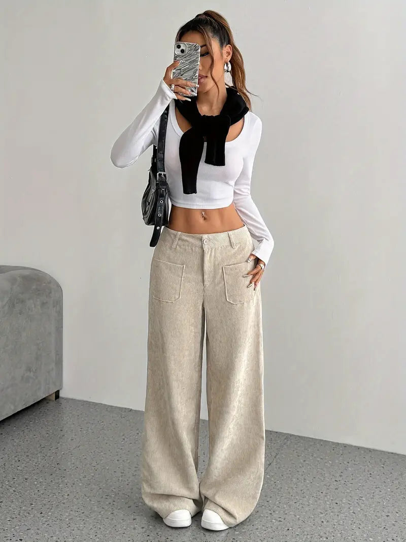 Leni | Women's High-Waisted Corduroy Pants - Relaxed Wide Leg Fit