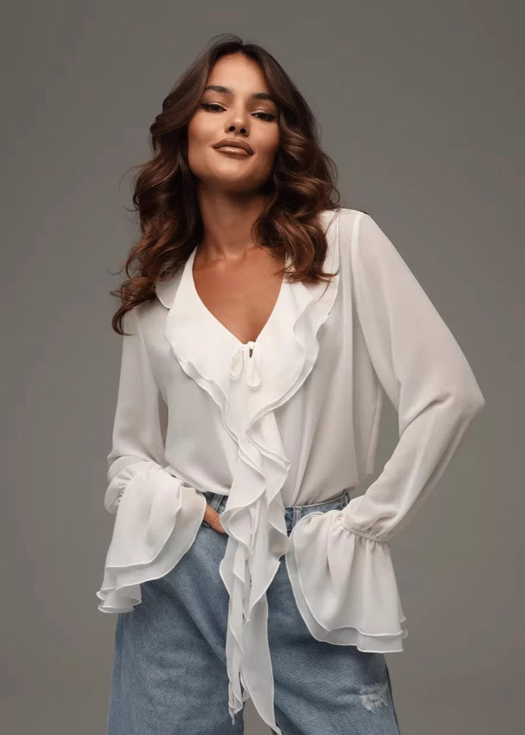 Zhoe | Elegant Women's V-Neck Chiffon Blouse with Ruffles – Light and Airy