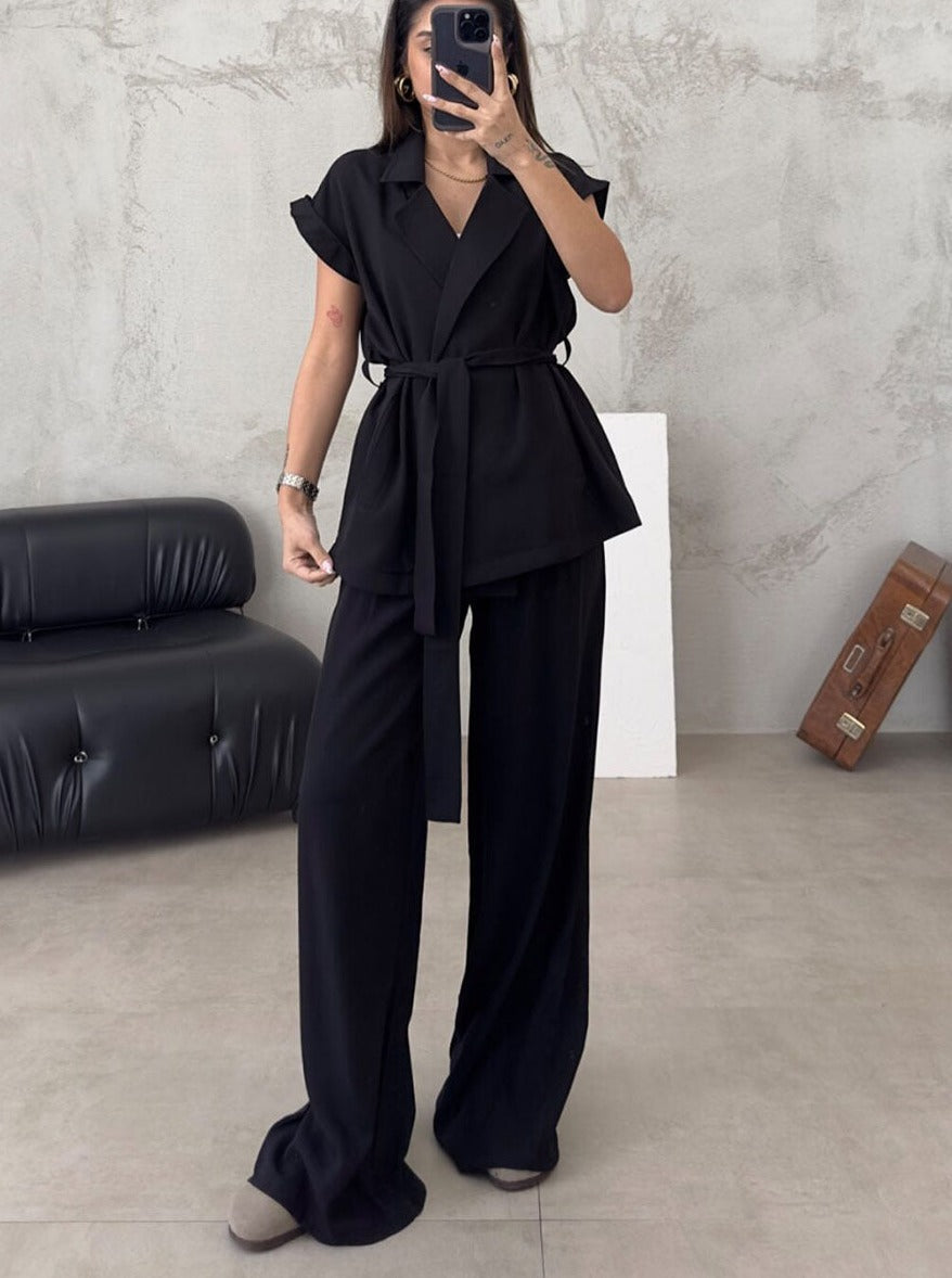 Thyrza | Chic Women's Ensemble - Wrap Top & Wide Leg Trousers