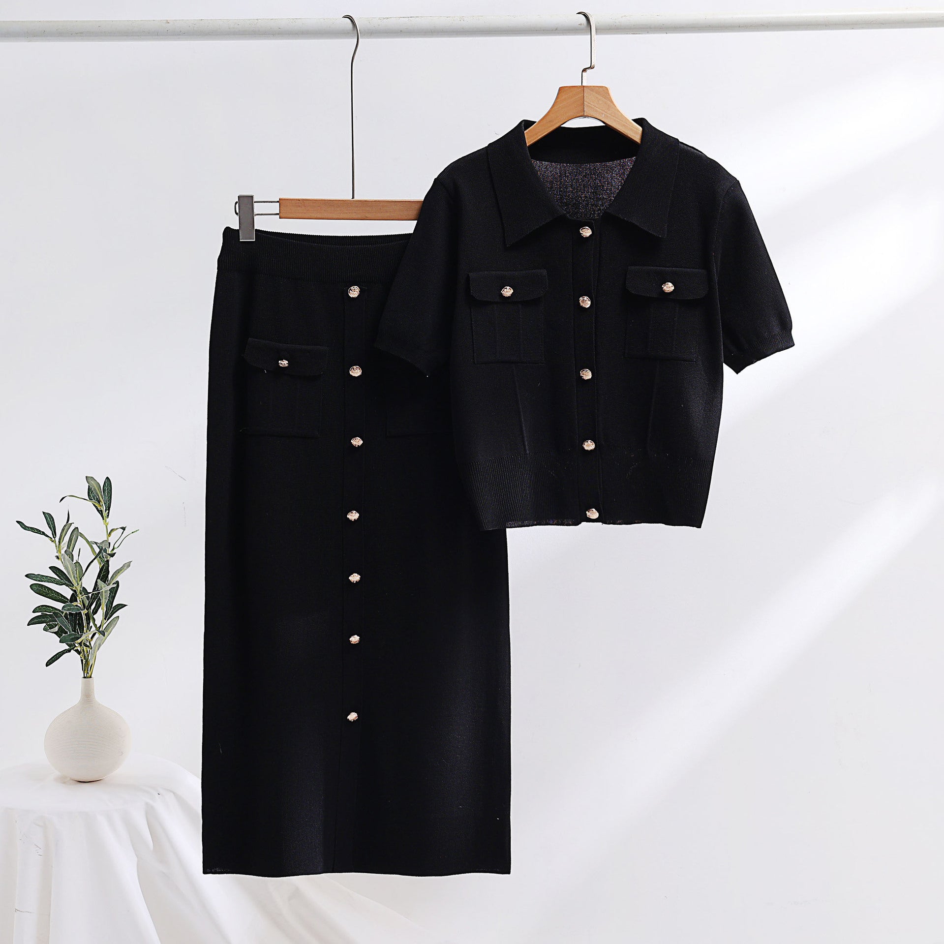 Elegant Two-Piece Ensemble - Short Sleeve Sweater with Long Skirt