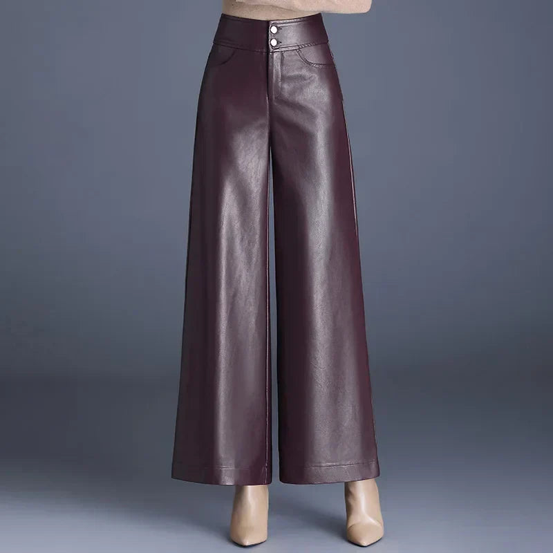 Stacia | Chic High-Waisted Faux Leather Trousers for Women – Comfortable Wide Fit