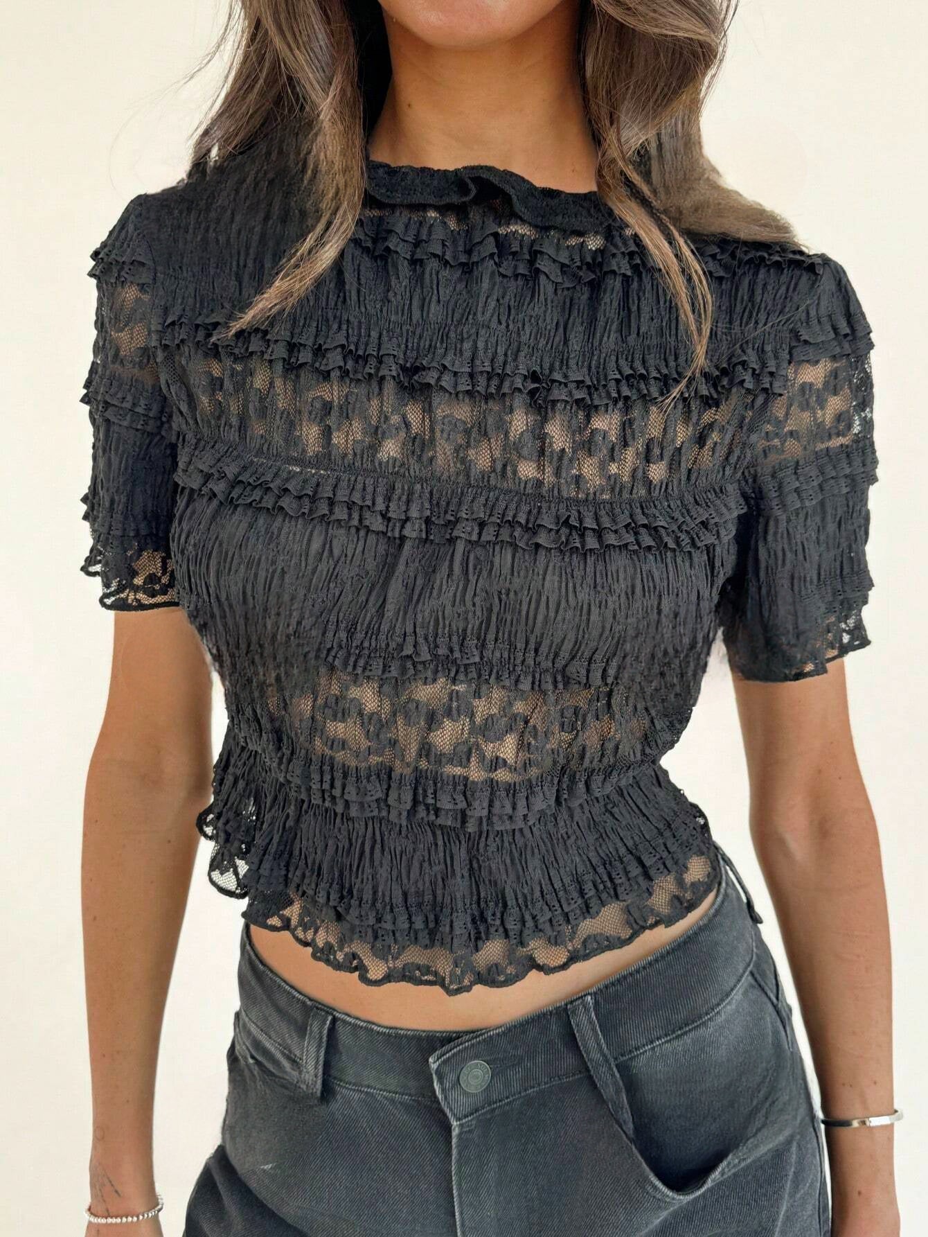 Dorita | Elegant Lace Crop Top with Sheer Accents
