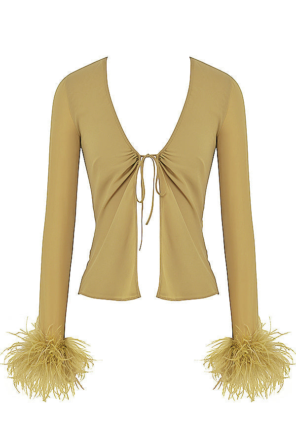 Chic V-Neck Top with Bow and Feather Details - Breezy Elegance