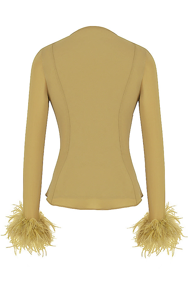 Chic V-Neck Top with Bow and Feather Details - Breezy Elegance