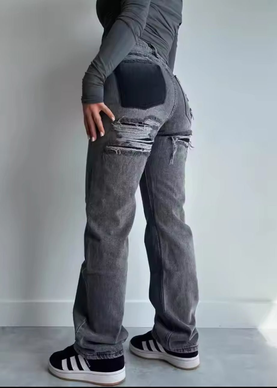 Burgina | Retro Distressed Jeans Featuring Distinctive Patchwork Accents