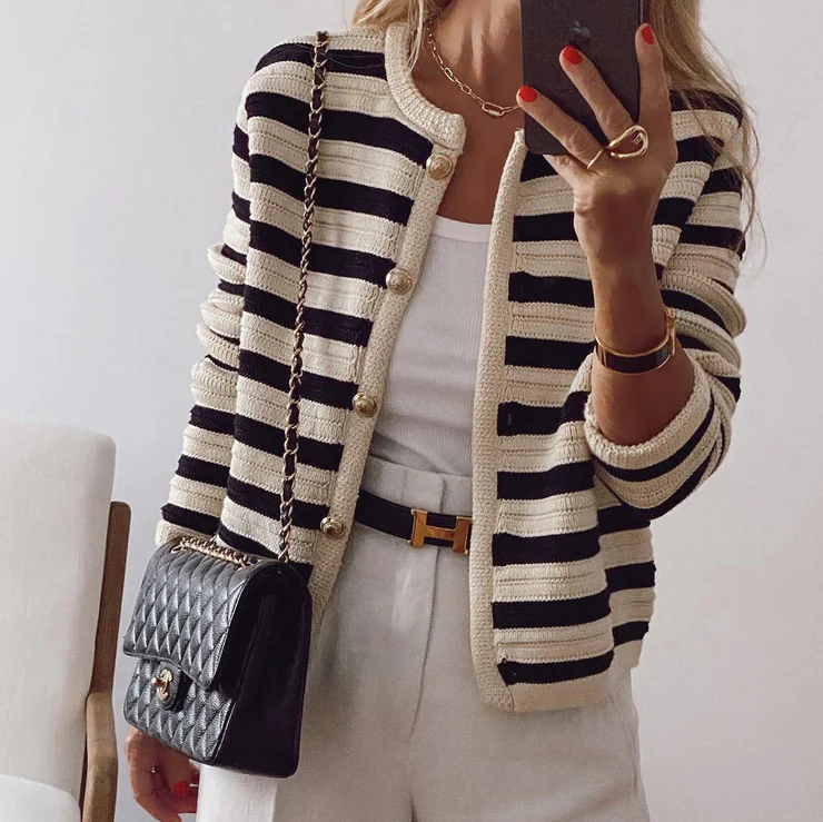 Abrianna | Chic Striped Mid-Length Jacket with Trendy Buttons