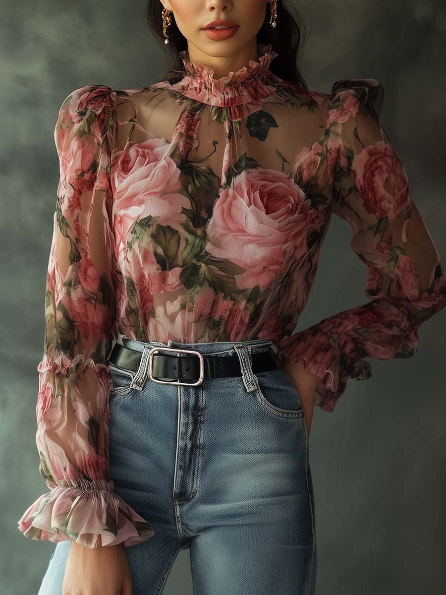 Chic Sheer Pink Ruffled Blouse