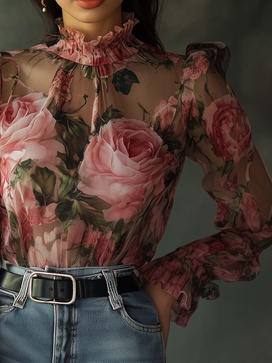 Chic Sheer Pink Ruffled Blouse