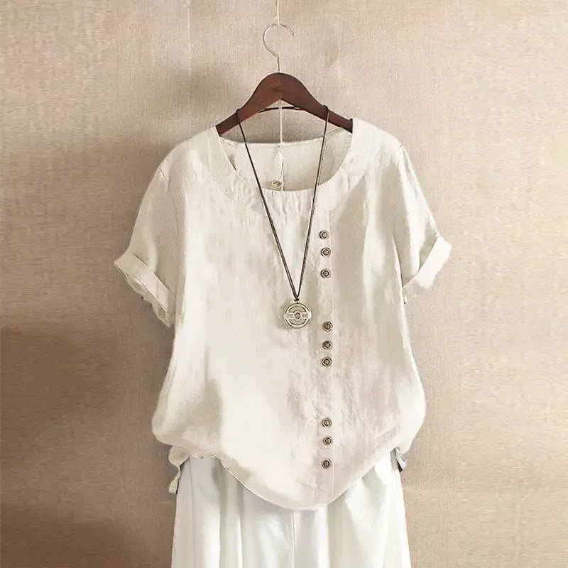 Chic Short Sleeve Cotton Blouse with Button Accents