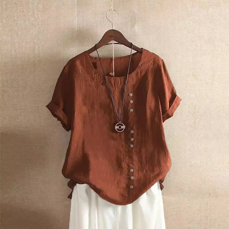 Chic Short Sleeve Cotton Blouse with Button Accents