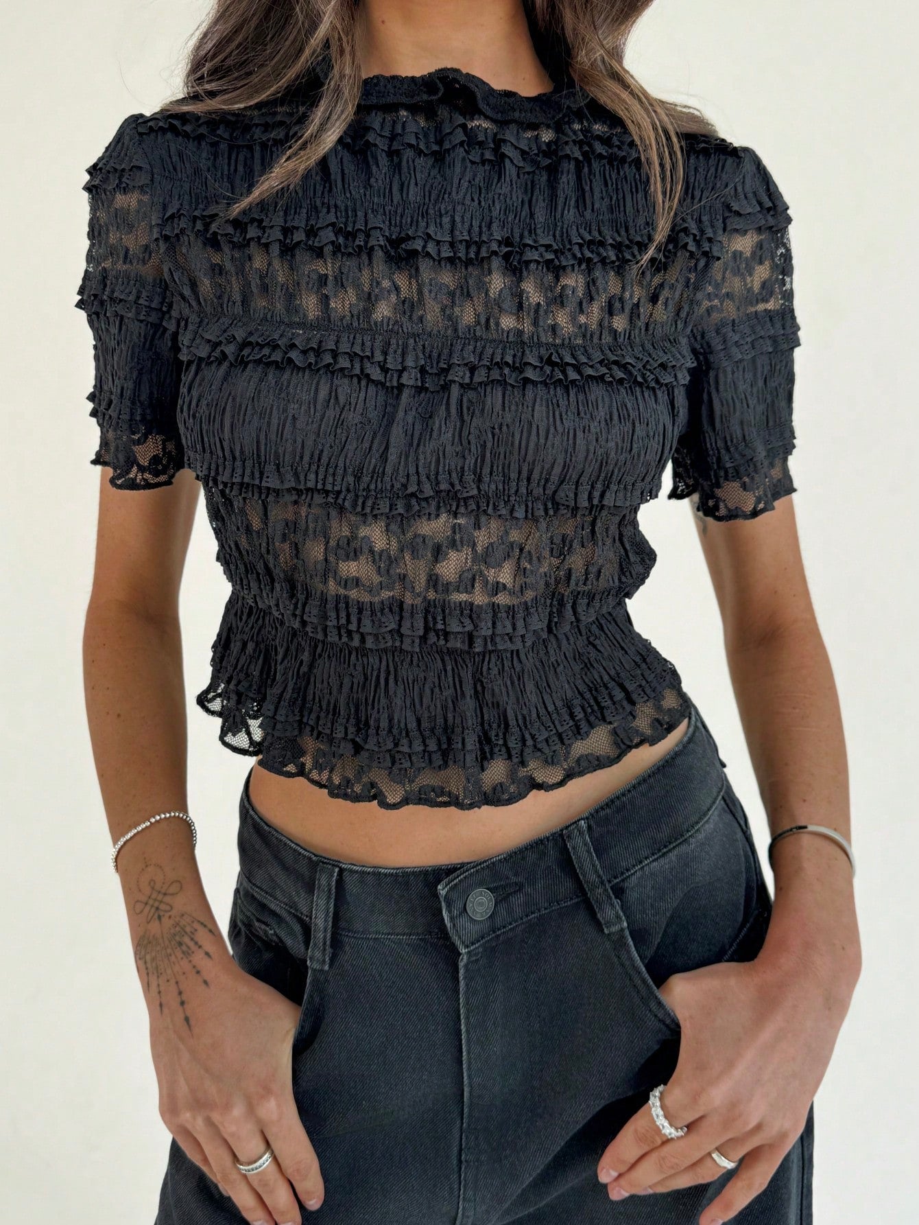Dorita | Elegant Lace Crop Top with Sheer Accents