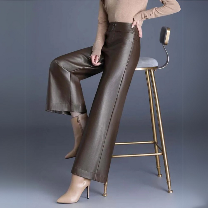 Stacia | Chic High-Waisted Faux Leather Trousers for Women – Comfortable Wide Fit