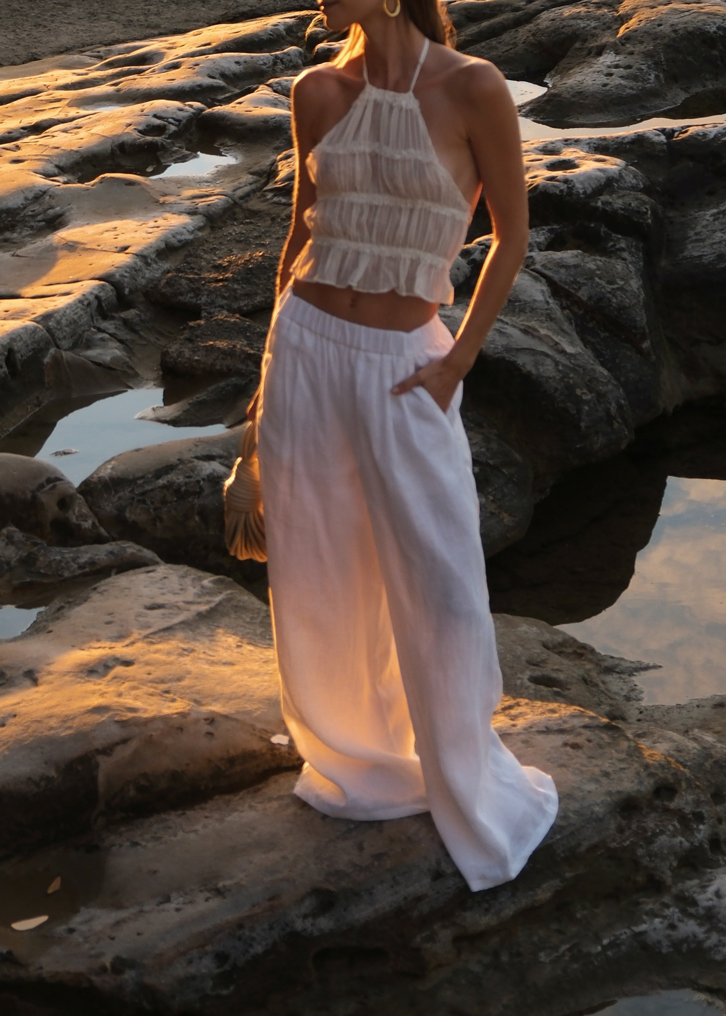 Roma | Women's White Low-Waist Palazzo Pants for Summer