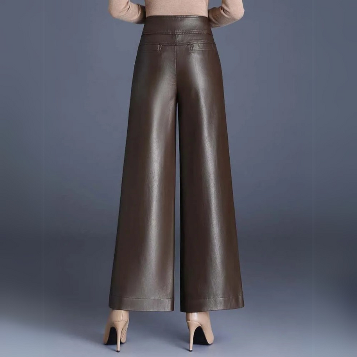 Stacia | Chic High-Waisted Faux Leather Trousers for Women – Comfortable Wide Fit