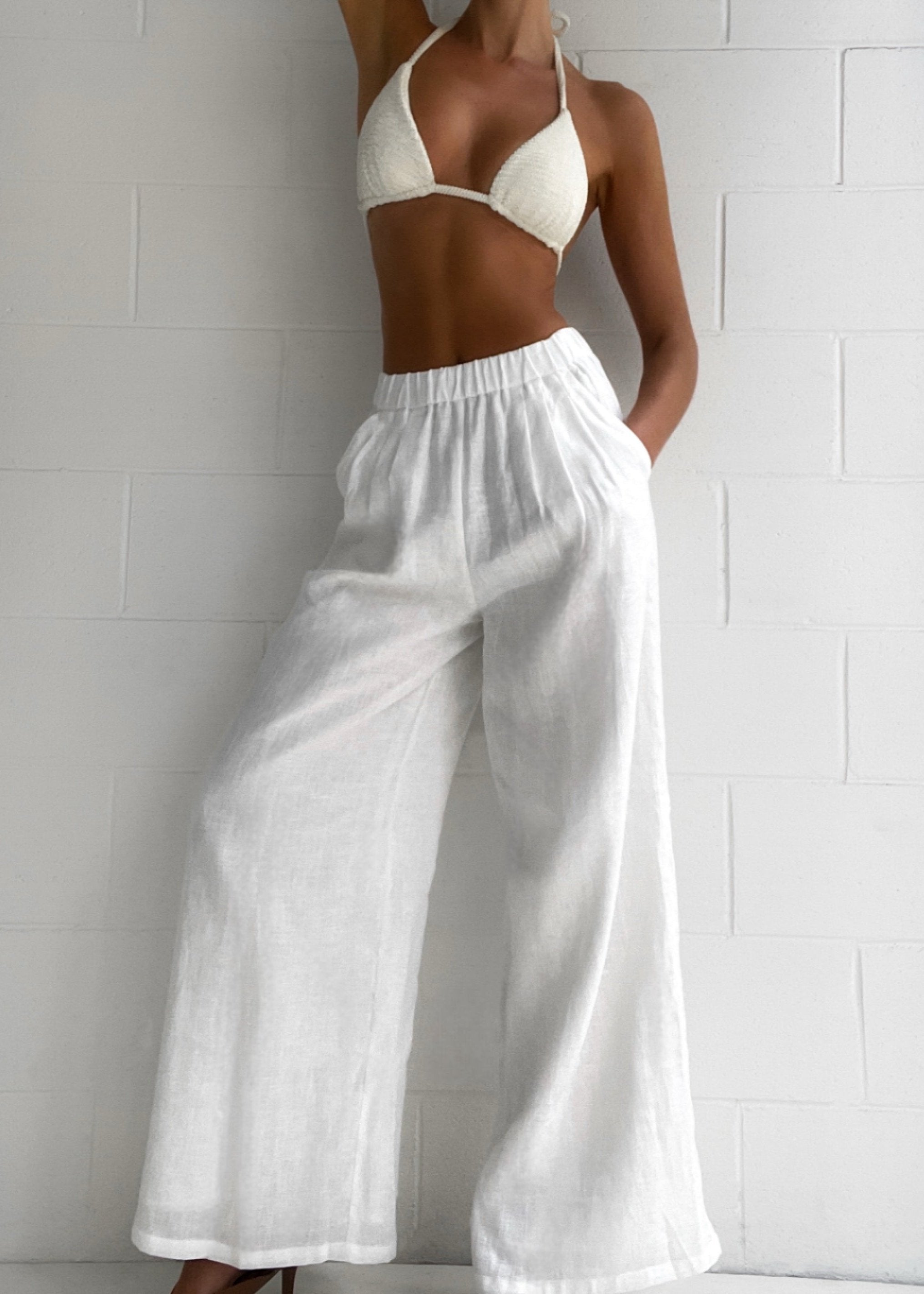 Roma | Women's White Low-Waist Palazzo Pants for Summer