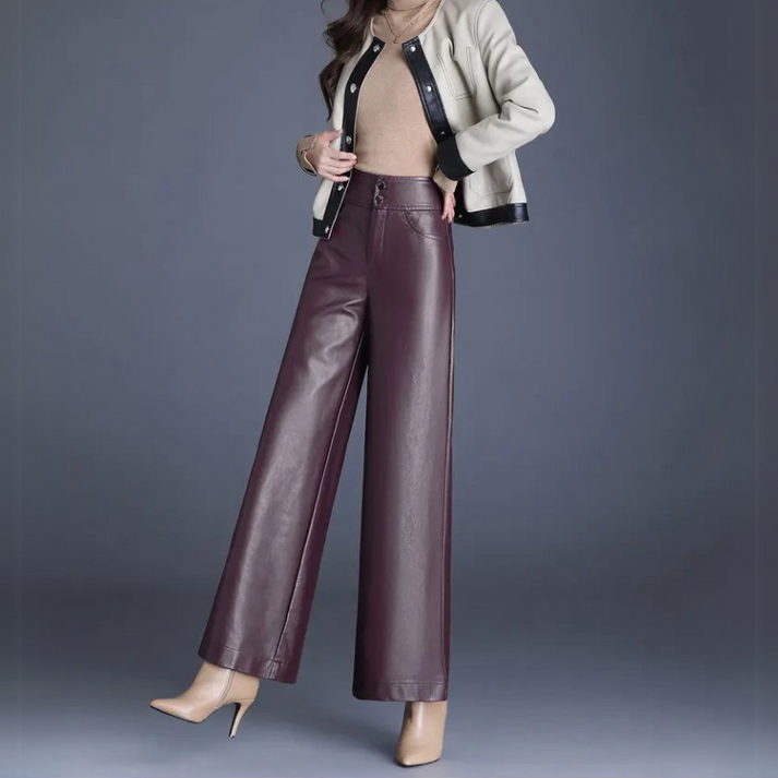 Stacia | Chic High-Waisted Faux Leather Trousers for Women – Comfortable Wide Fit