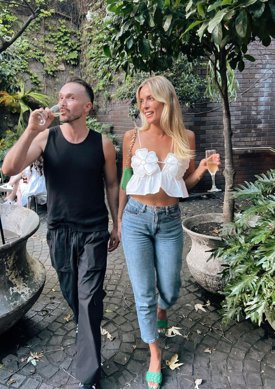 Junia | White Floral Crop Top with Rhinestone Accents