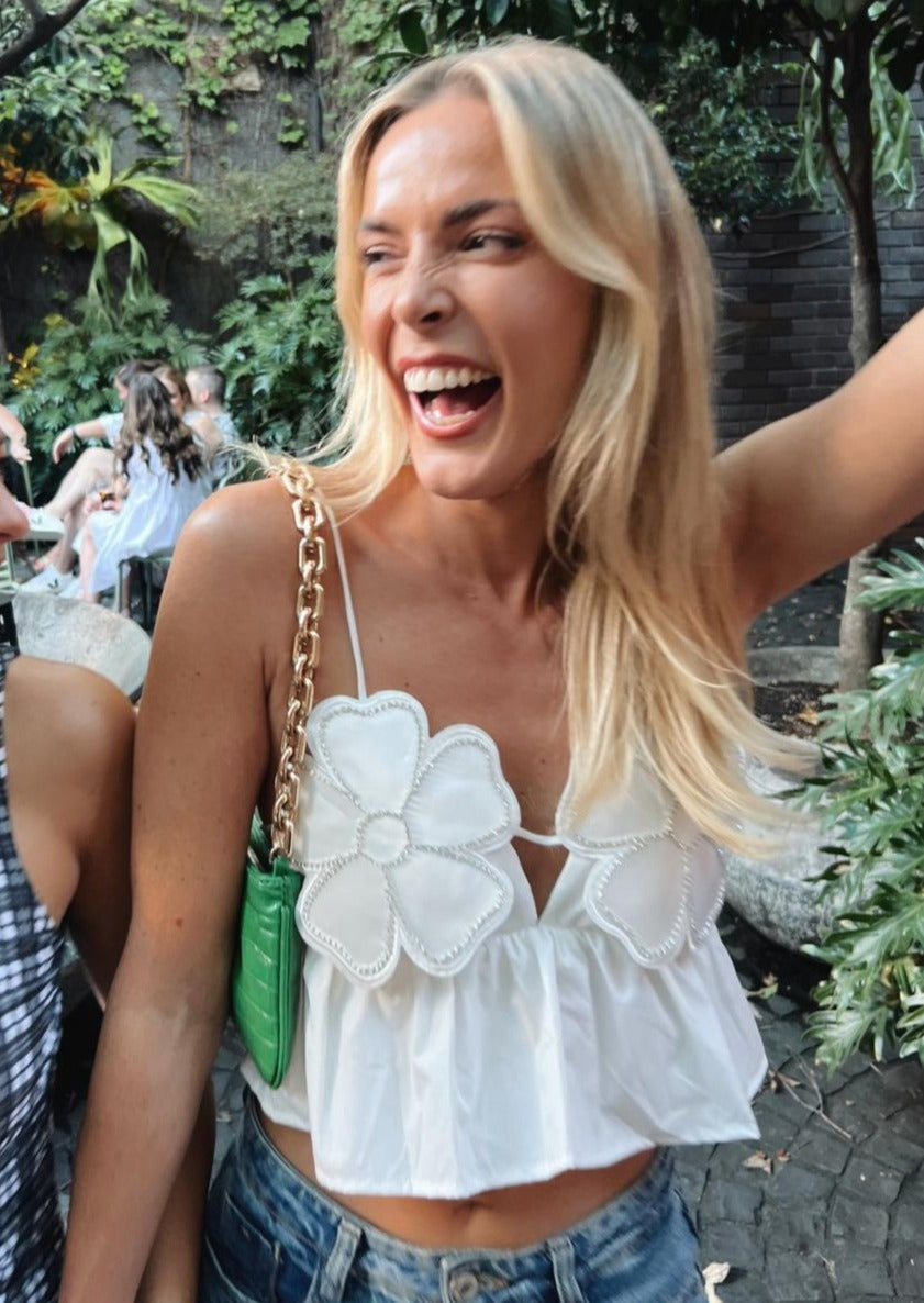 Junia | White Floral Crop Top with Rhinestone Accents