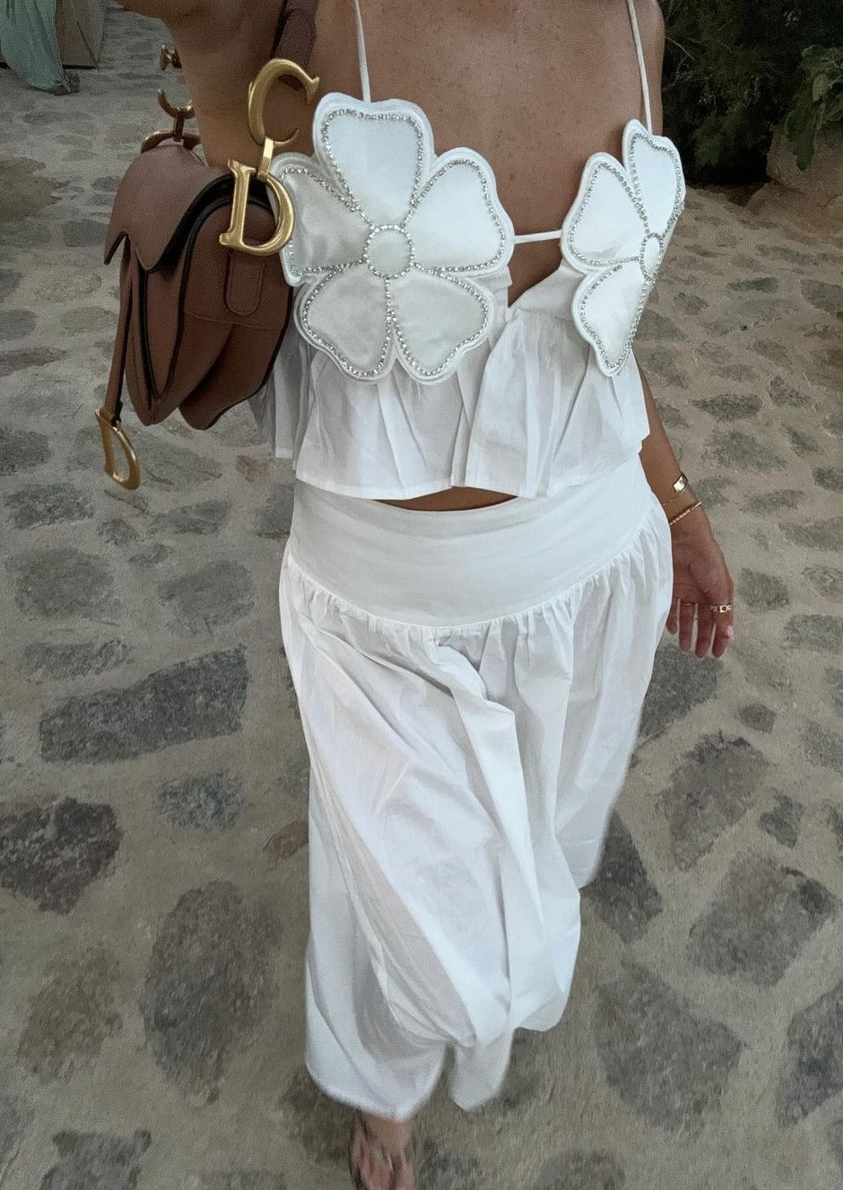 Junia | White Floral Crop Top with Rhinestone Accents