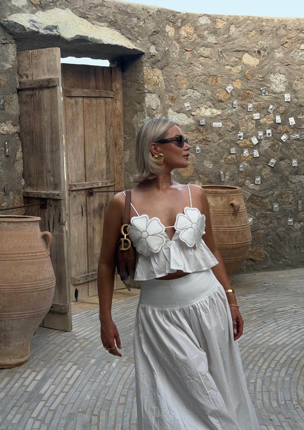 Junia | White Floral Crop Top with Rhinestone Accents