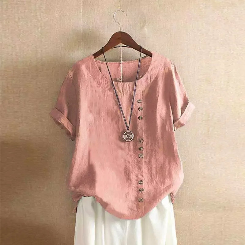 Chic Short Sleeve Cotton Blouse with Button Accents