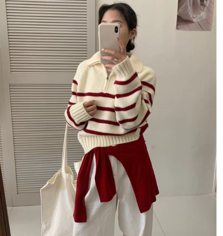 Doro | Women's Cozy Striped Pullover with Zipper